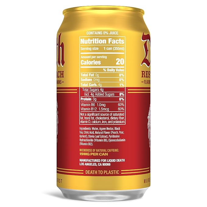 Liquid Death, Rest in Peach Iced Tea, 12-Pack (12 oz Cans), Peach Flavored Back Tea, Low Calorie