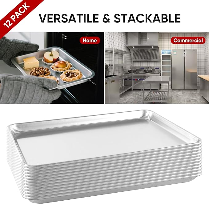 TENUP 12 Pack Aluminum Half Sheet Pan, 18" x 13" Heavy Duty Commercial Baking Tray Reinforced Rim