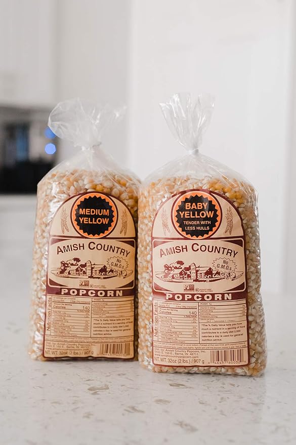 Amish Country Popcorn | 2 Lb Baby Yellow & 2 Lb Medium Yellow Kernels | Old Fashioned, Non-GMO and