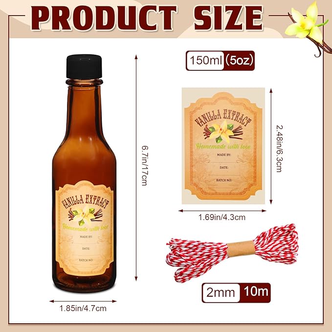 Tioncy 16 Pcs Vanilla Extract Bottles for Homemade Vanilla Jar Glass Bottle with Cap, Shrink Band