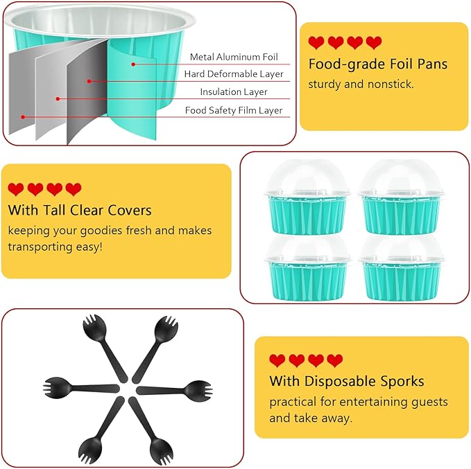 Disposable Ramekins with Lids 50 Pack,Free-Air 5oz Aluminum Foil Cupcake Cups Baking Tin,Mini