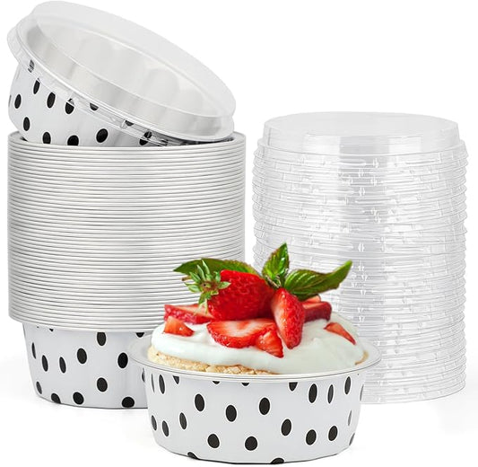 Beasea Disposable Ramekins with Lids, 8oz 50 Pack Black Dot in White Aluminum Foil Cups Disposable