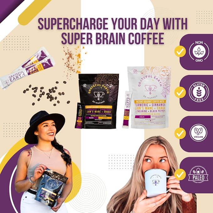 Grateful Earth Mushroom Coffee, Instant Espresso with Lion’s Mane Mushrooms, Chaga, L-Theanine