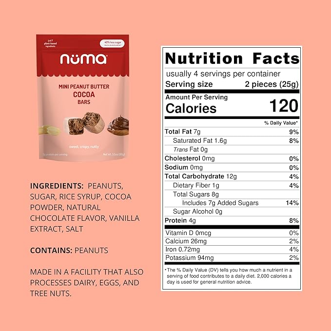 Numa Mini Peanut Butter Cocoa Bars - Vegan, Low Sugar, High Protein, Natural, Gluten Free - Crunchy