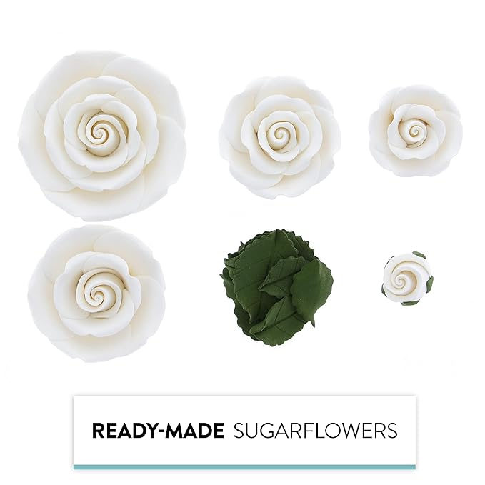 Global Sugar Art Exquisite Rose & Leaf Tray Edible Sugar Cake Flowers, White Unwired, 5 Count by