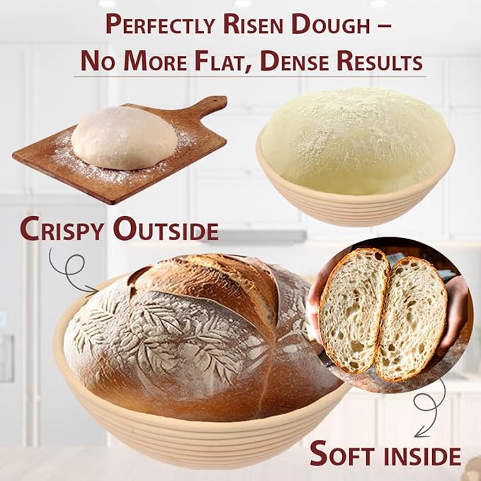 Round Banneton Bread Proofing Basket with Linen Liner, 9??Bread Basket with 6 Essential Bread