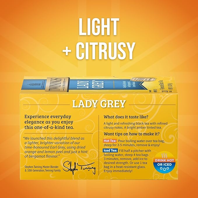 Twinings Lady Grey Black Tea Individually Wrapped Bags, 20 Count (Pack of 6), Orange & Lemon Peel