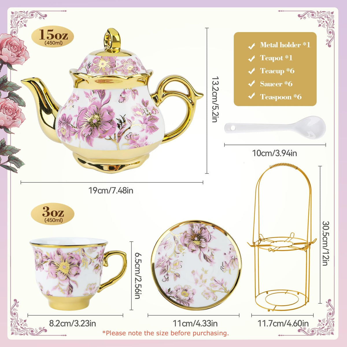 Hebaogugu 20 Pcs Porcelain Tea Set with Metal Holder, European Ceramic Tea Set for Adults, Adult
