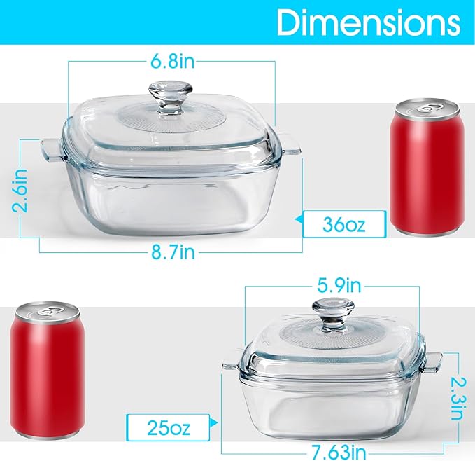 NUTRIUPS Mini Glass Casserole Dish with Lid Oven Safe Square Casserole Dish Set 2 Pack