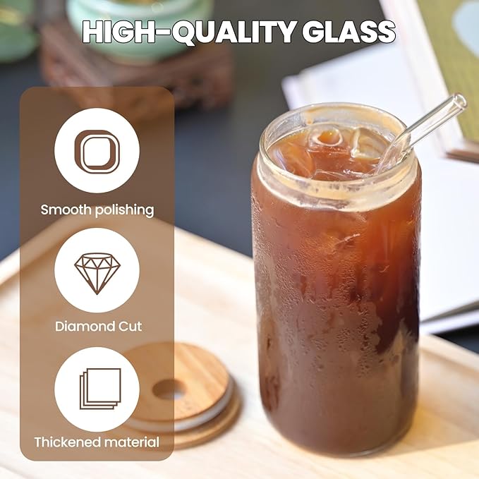 YUNCANG 6 Pack Bamboo Lid Glass Drinking Glasses with Glass Straw - 16-ounce Can Shaped Glassware