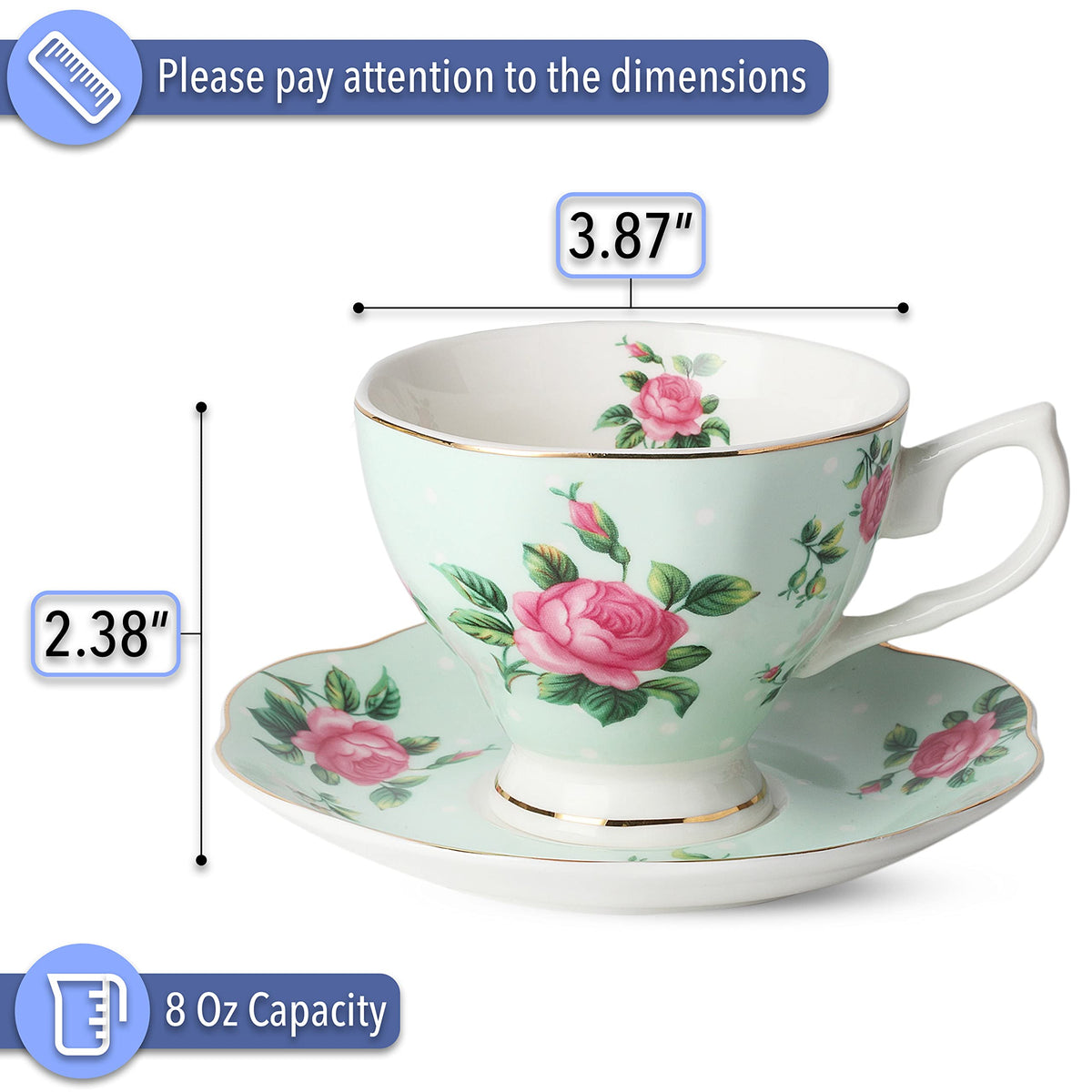 BTaT- Floral Tea Cups and Saucers, Set of 8, 8 oz
