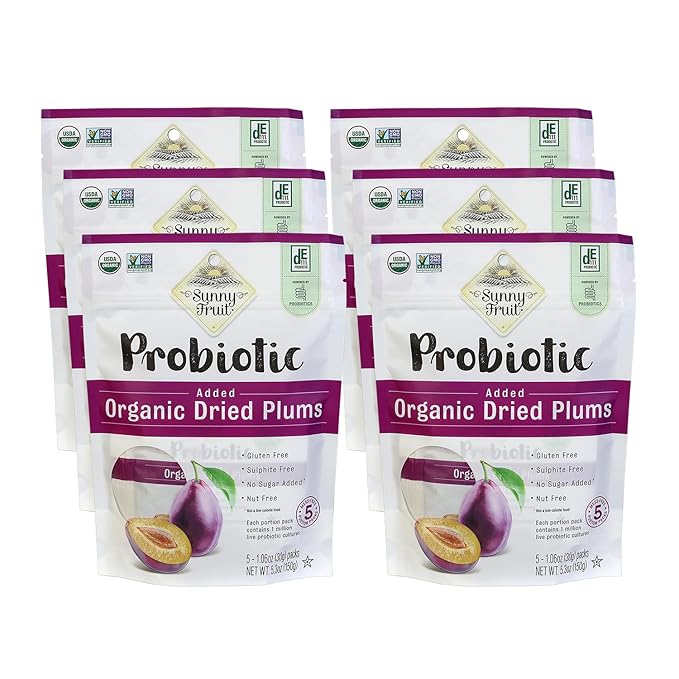 Sunny Fruit Organic Probiotic Pitted Prunes - 6 Bags (30 Individual Portion Packs) | No