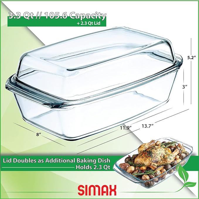 Simax Large Glass Casserole Dish, Oven Safe Cookware With Lid, Oblong Covered Glass Dish For