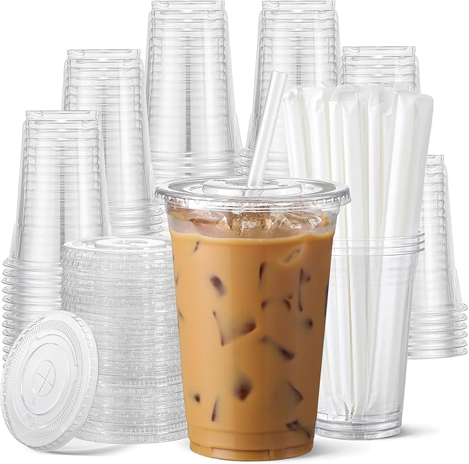 AOZITA 100 Pack 20 oz Disposable Plastic Cups with Lids and Straws, Clear Iced Coffee Cups for Cold