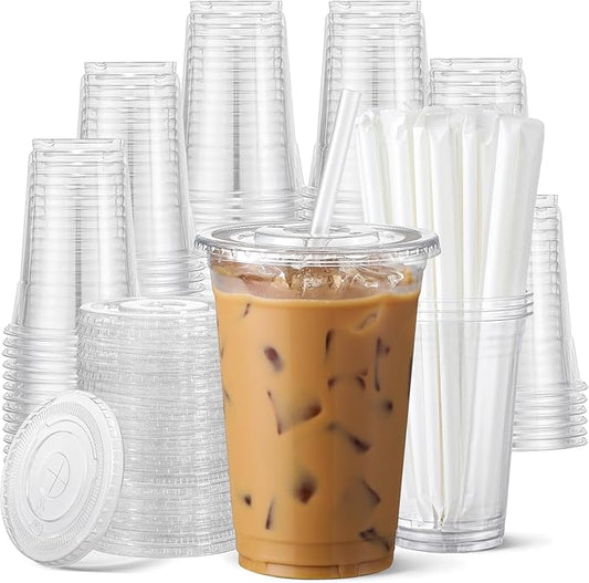 AOZITA 100 Pack 12 oz Clear Plastic Cups with Lids and Straws, Disposable Iced Coffee Cups for Cold
