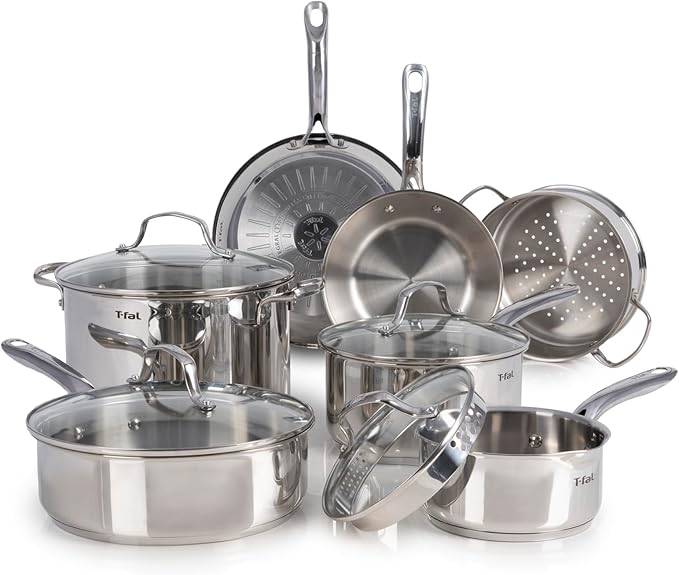 T-fal Stainless Steel Cookware Set 11 Piece, Induction, Oven Broiler Safe 500F, Kitchen Cooking Set