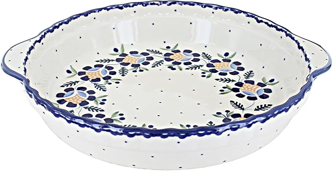 Blue Rose Polish Pottery - Blue Sunflower Pie Plate with Handles - 9.75" Diameter - Ceramic Baking