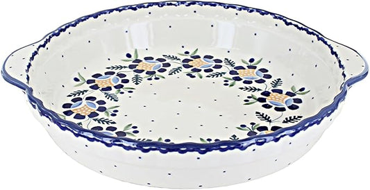 Blue Rose Polish Pottery - Blue Sunflower Pie Plate with Handles - 9.75" Diameter - Ceramic Baking