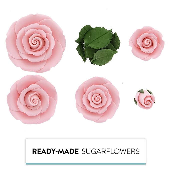 Global Sugar Art Edible Exquisite Rose & Leaf Tray Sugar Cake Flowers, Pink Unwired, 5 Count by