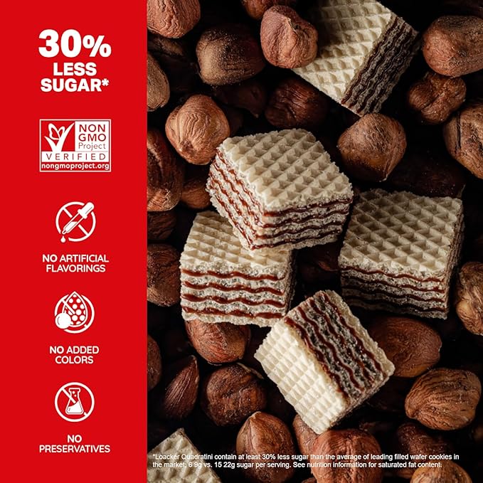 Loacker Quadratini Variety Pack Wafer Cookies LARGE - 30% Less Sugar - Mix of Hazelnut, Dark