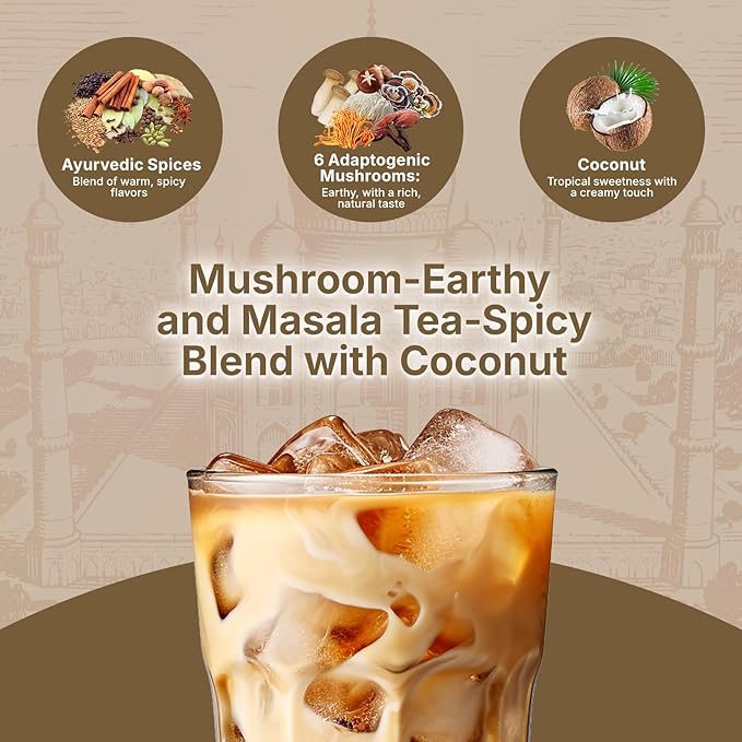 Veltracha Mushroom Chai Tea, Instant Chai Tea Powder with 6 Adaptogenic Mushrooms, Spiced Chai