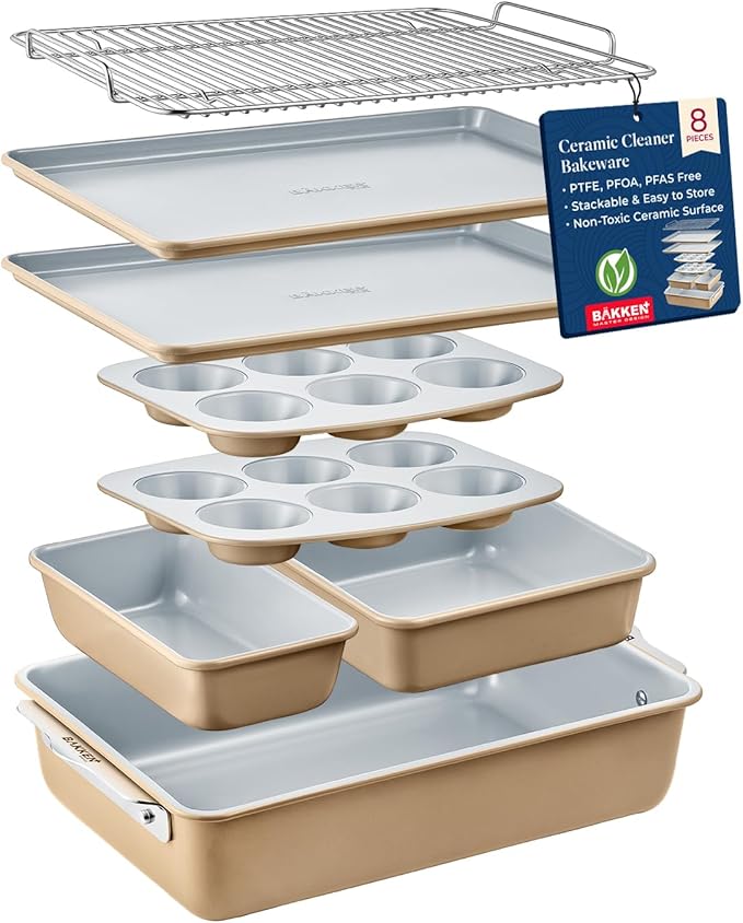 Bakken 8-Piece Stackable Bakeware Set - Ceramic Non-Stick Coating, Baking Sheets, Assorted Baking