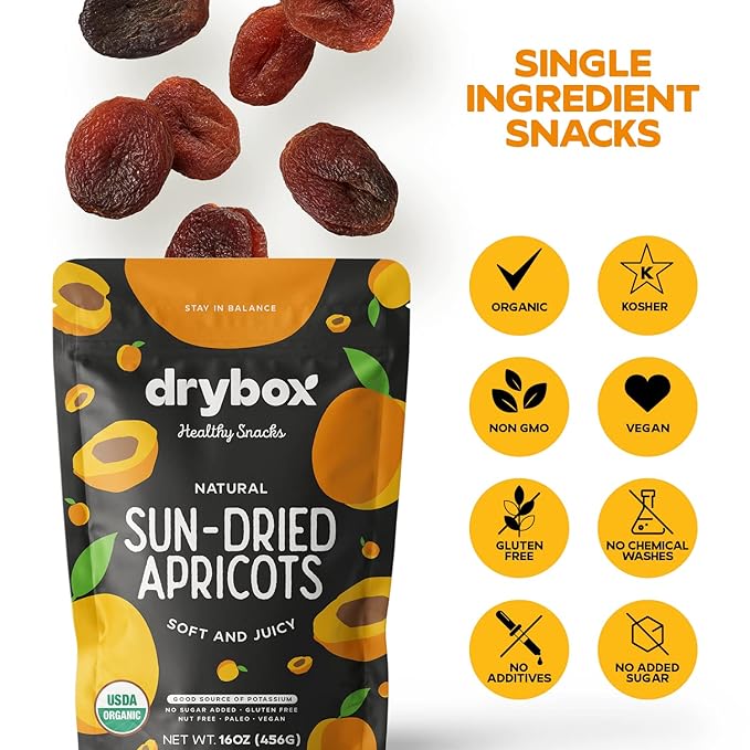 Drybox Unsulfured Organic Sun Dried Turkish Apricots, Unsweetened No Sugar Added, Non-GMO Dried