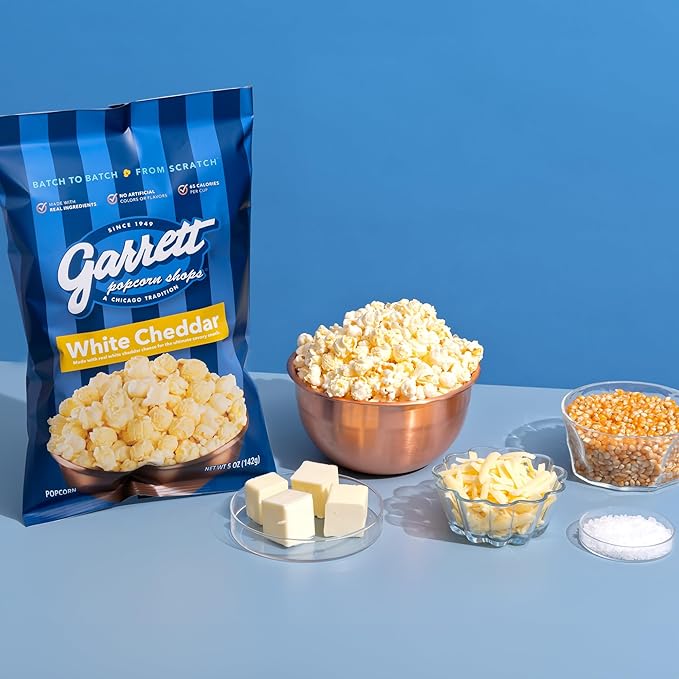 Garrett Popcorn White Cheddar, 5.0oz, 4 Bags, White Cheddar Gourmet Popcorn, Gluten Free, Savory