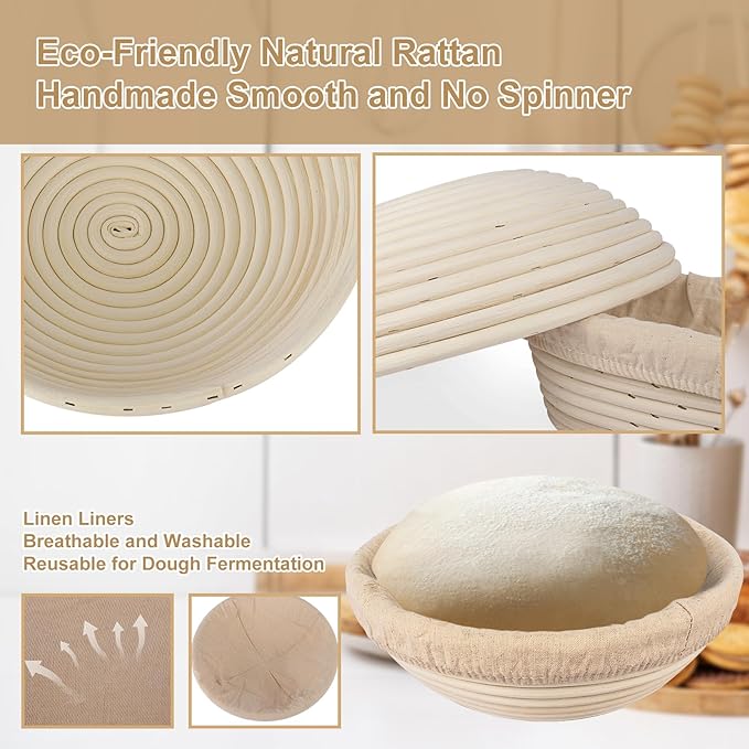 TNELTUEB Bread Proofing Basket Set, Incl 10'' Round & 9.6'' Oval Rattan Banneton, Dough Whisk