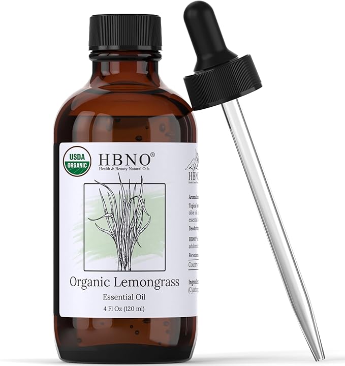 HBNO Organic Lemongrass Essential Oil - Huge 4 oz (120ml) Value Size - USDA Certified Organic