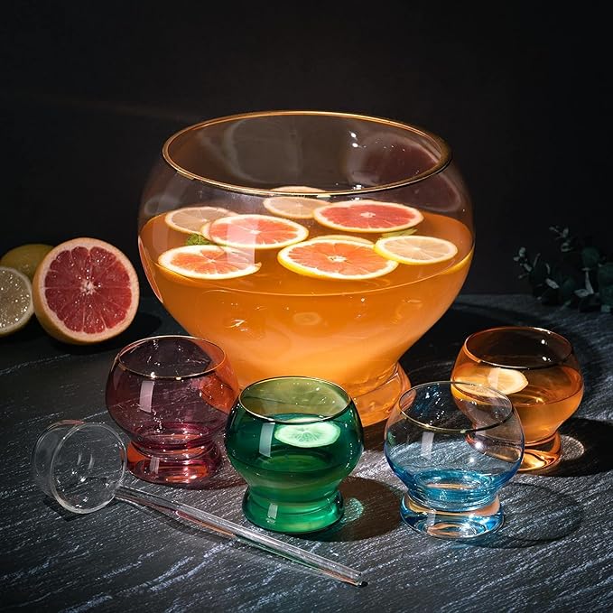 Colorful 1.7 Gallon Punch Bowl with 4 10oz Glasses Set with Ladle Gift For Mothers Day, Her, Wife