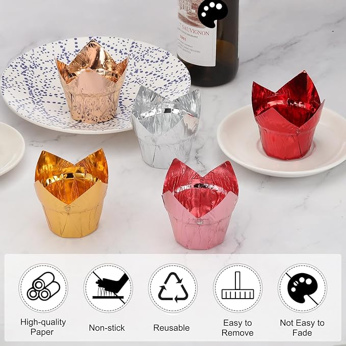 uxcell 100 Pcs Tulip Cupcake Liners, Muffins Liners Aluminum Foil Cupcake Wrappers Baking Cups