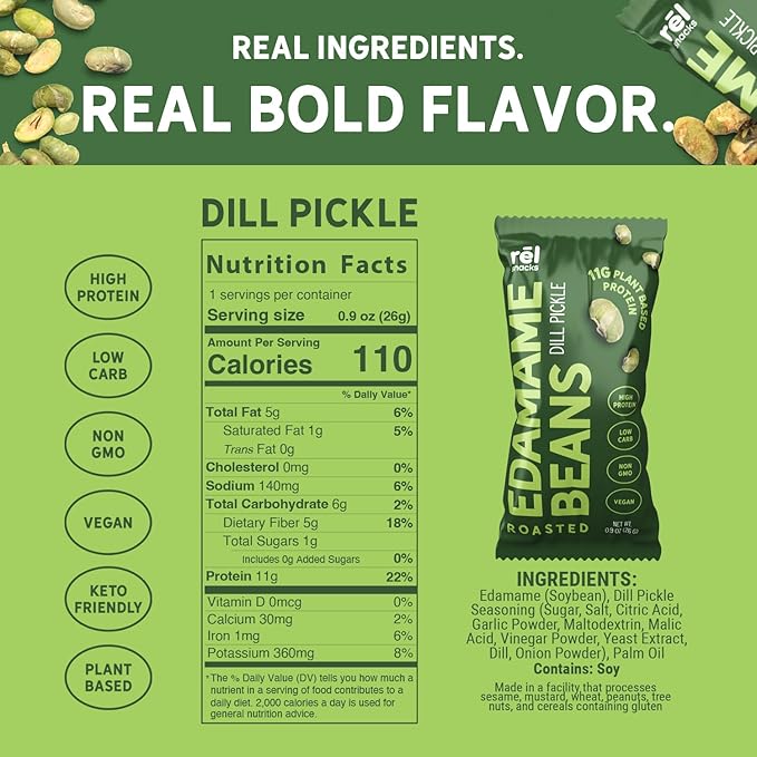 R휆l Snacks Dill Pickle Roasted Edamame ??High Protein Low Carb Snack (11g Protein per Serving)