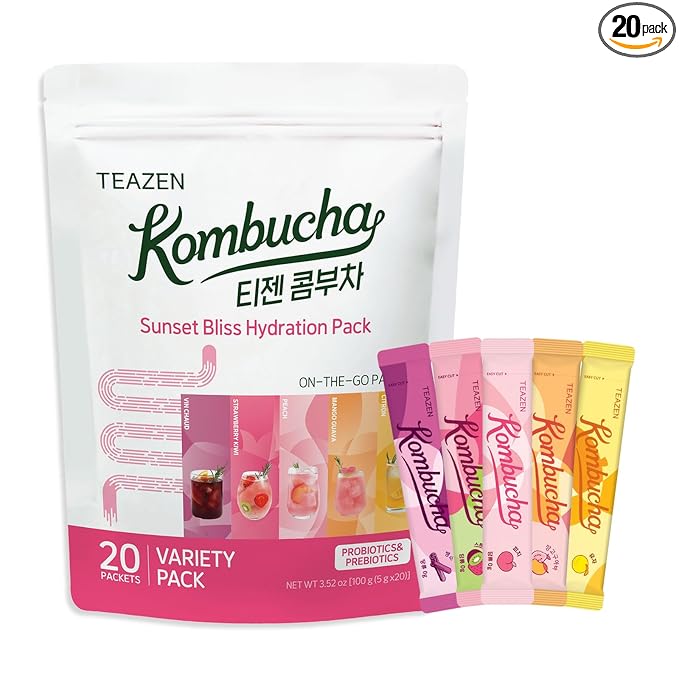 TEAZEN Kombucha Tea Sunset Bliss Hydration Variety Pack - 20 Sticks, 5 Flavors (Peach, Mango-Guava