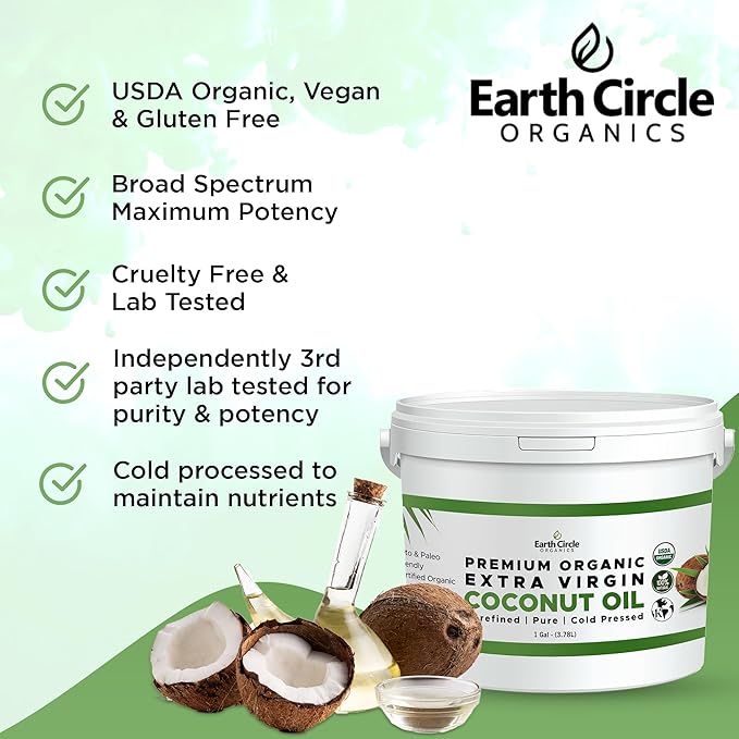 Earth Circle Organics Premium Ultra-Pure Unrefined Cold Pressed Extra Virgin Coconut Oil
