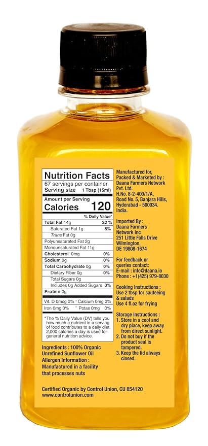 Daana Sunflower Oil: Certified USDA Organic, Extra Virgin, Cold Pressed, High Oleic, Non-GMO.