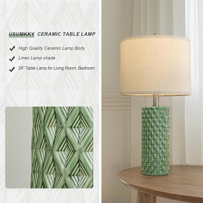 26" Tall Table Lamp for Living Room -Green Lamps Set of 2 Modern Ceramic Lamps for Night Stands