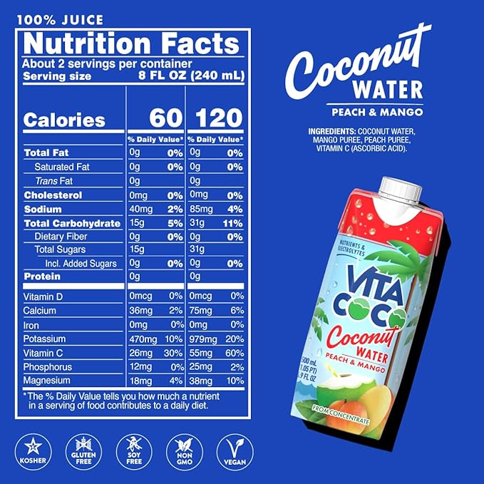 Vita Coco Coconut Water, Peach & Mango - Naturally Hydrating Electrolyte Drink - Smart Alternative