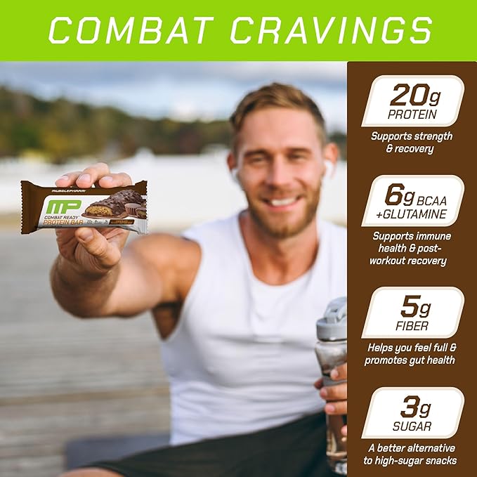 MusclePharm Combat Ready Chocolate Peanut Butter Cup, High Protein Bars, Combat Cravings, Fuel