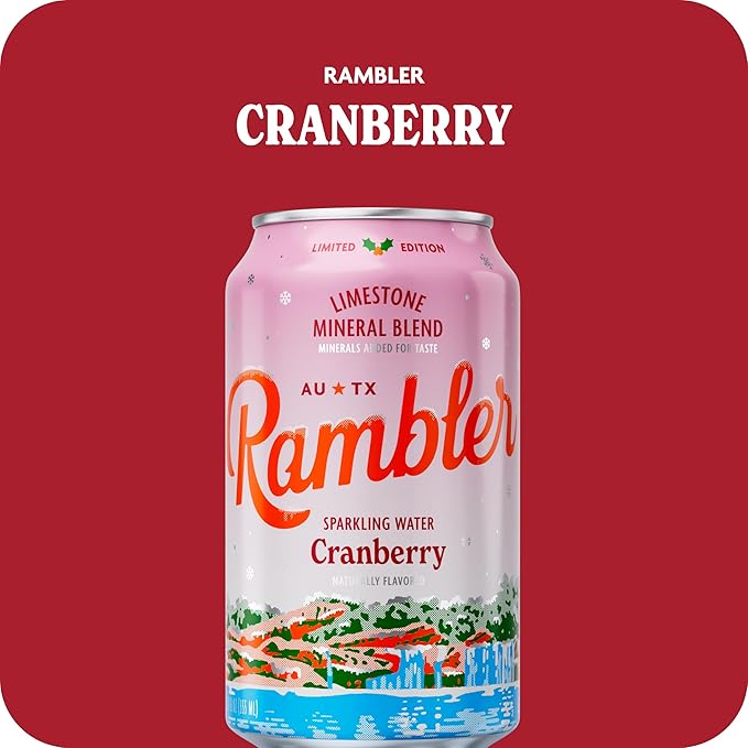 AUTX RAMBLER Sparkling Water, Texas Limestone Mineral Blend, Cranberry Flavor, Limited Edition