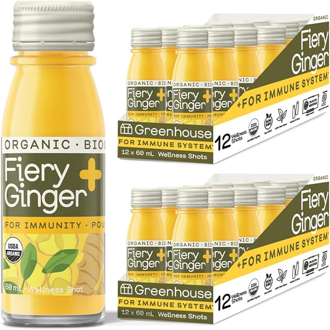 Greenhouse Juice Organic Fiery Ginger Wellness Shots 24-Count 60ml Glass Bottles | Vegan &