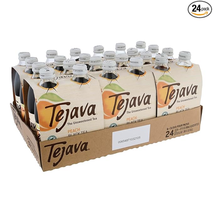 Tejava Peach Black Iced Tea, 24 Pack, 12oz Glass Bottles, Unsweetened, Non-GMO, Kosher, No Sugar or