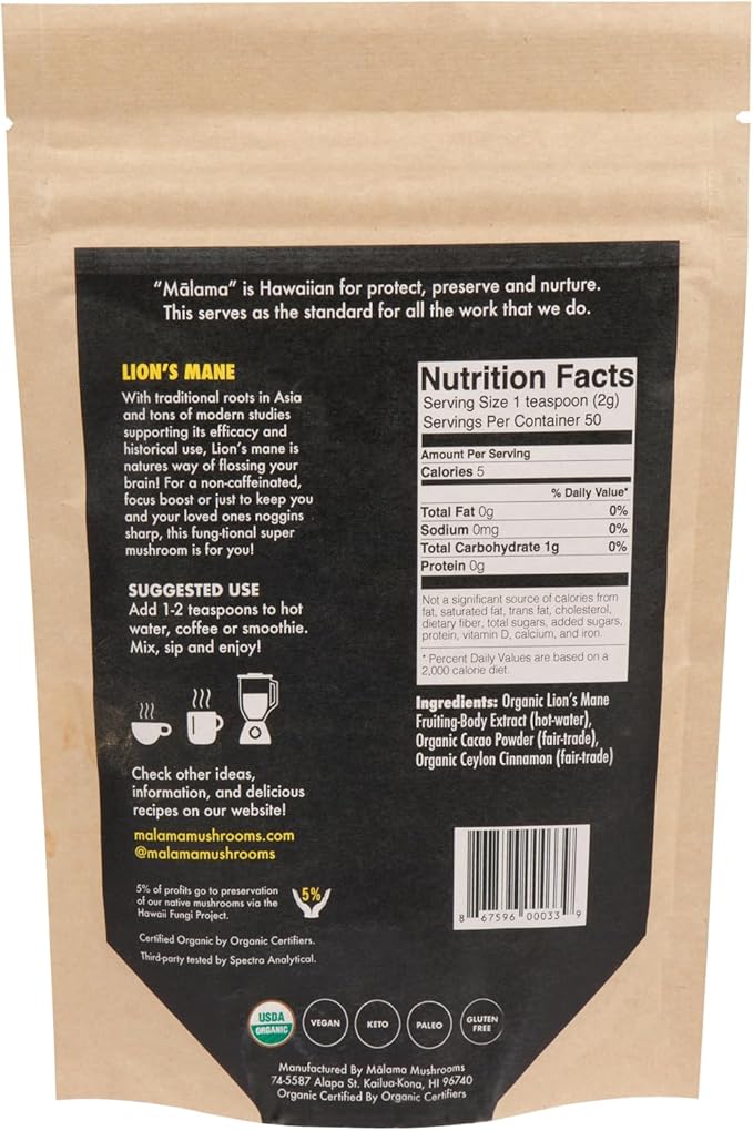 Malama Organic Mushroom Hot Cacao Mix, Lion's Mane Mushroom Powder with Fair Trade Cacao for Focus
