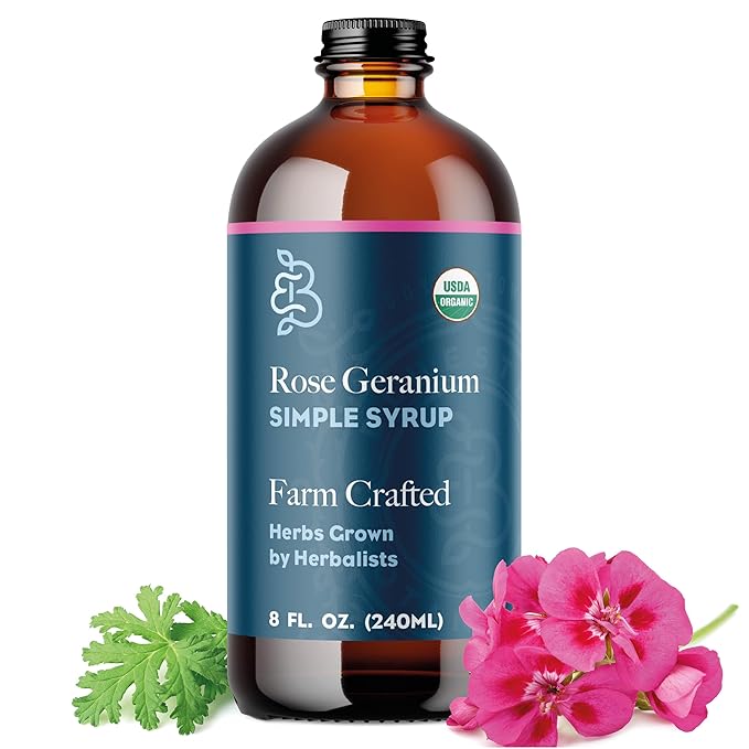 Bluestem Botanicals Organic Rose Geranium Simple Syrup, 8 oz, Cocktail and Mocktail Mixer for