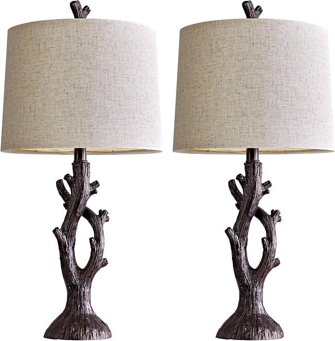 OYEARS 25" Farmhouse Table Lamp Set of 2 for Living Room Bedroom Resin Bedside Tree Lamp Nightstand