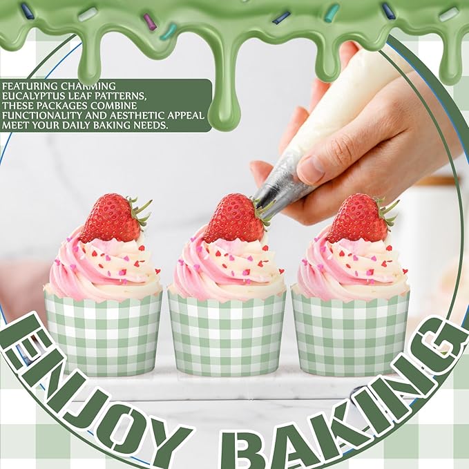 Vesici 150 Pcs Sage Green Gingham Ice Cream Cups 5oz Dessert Paper Bowls Gingham Scalloped Cupcake