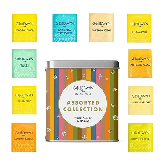Goodwyn Assorted Herbal Tea Sampler Gift Set Box – 20 Tea Bags (Tulsi, Kahwa, Turmeric, Assam