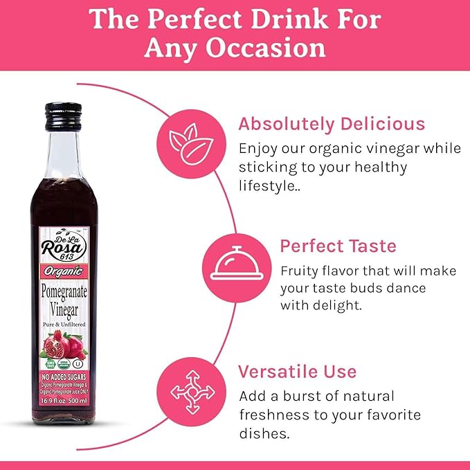 De La Rosa Organic Pomegranate Vinegar, Pure & Unfiltered, Vegan, Gluten Free & Kosher, Great for