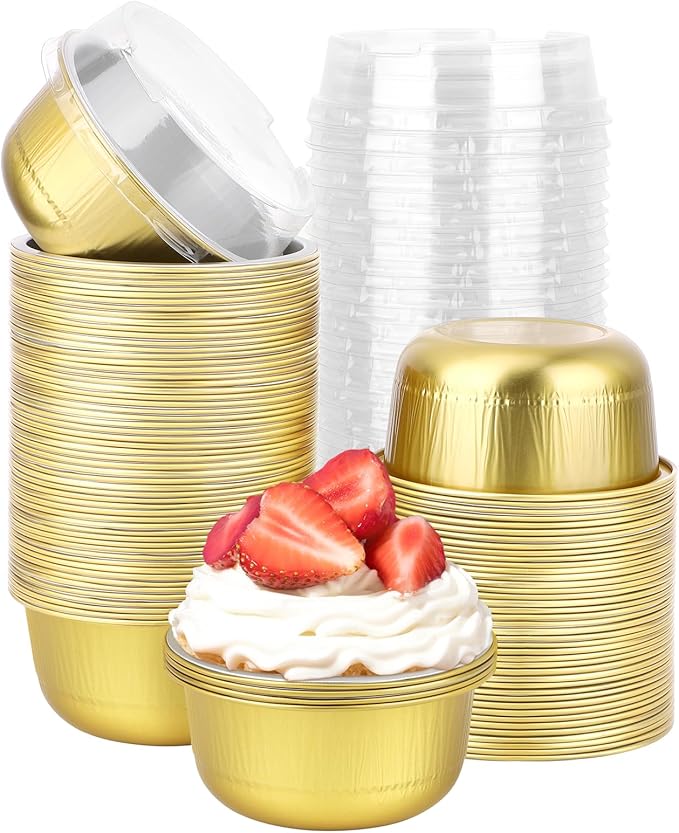 Beasea Aluminum Ramekins With Lids, 100 Pack 6.1oz 180ml Disposable Foil Aluminum Baking Cups Round