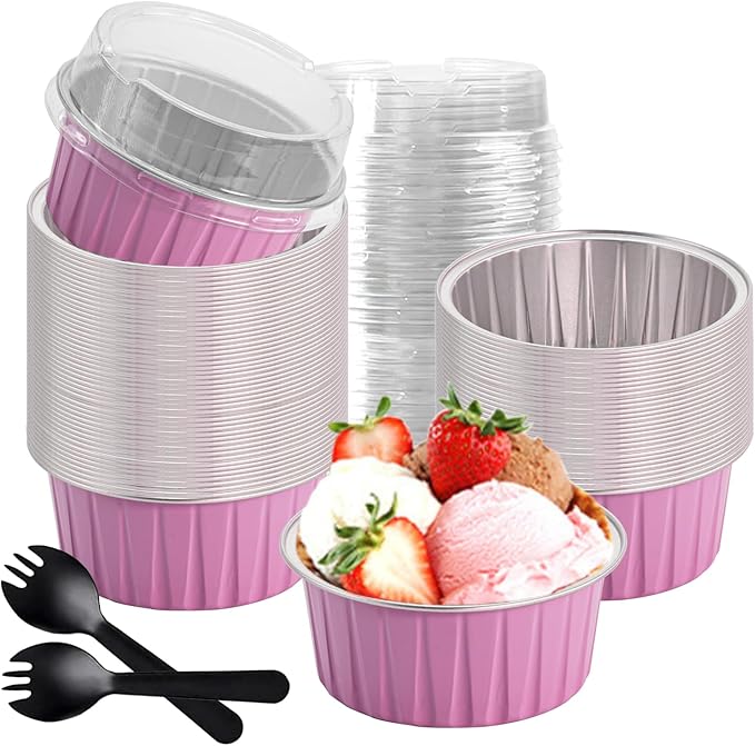60 Pcs Mini Cake Pans with Lids,5oz Aluminum Foil Baking Cups Round Mini Disposable Ramekins 125ml